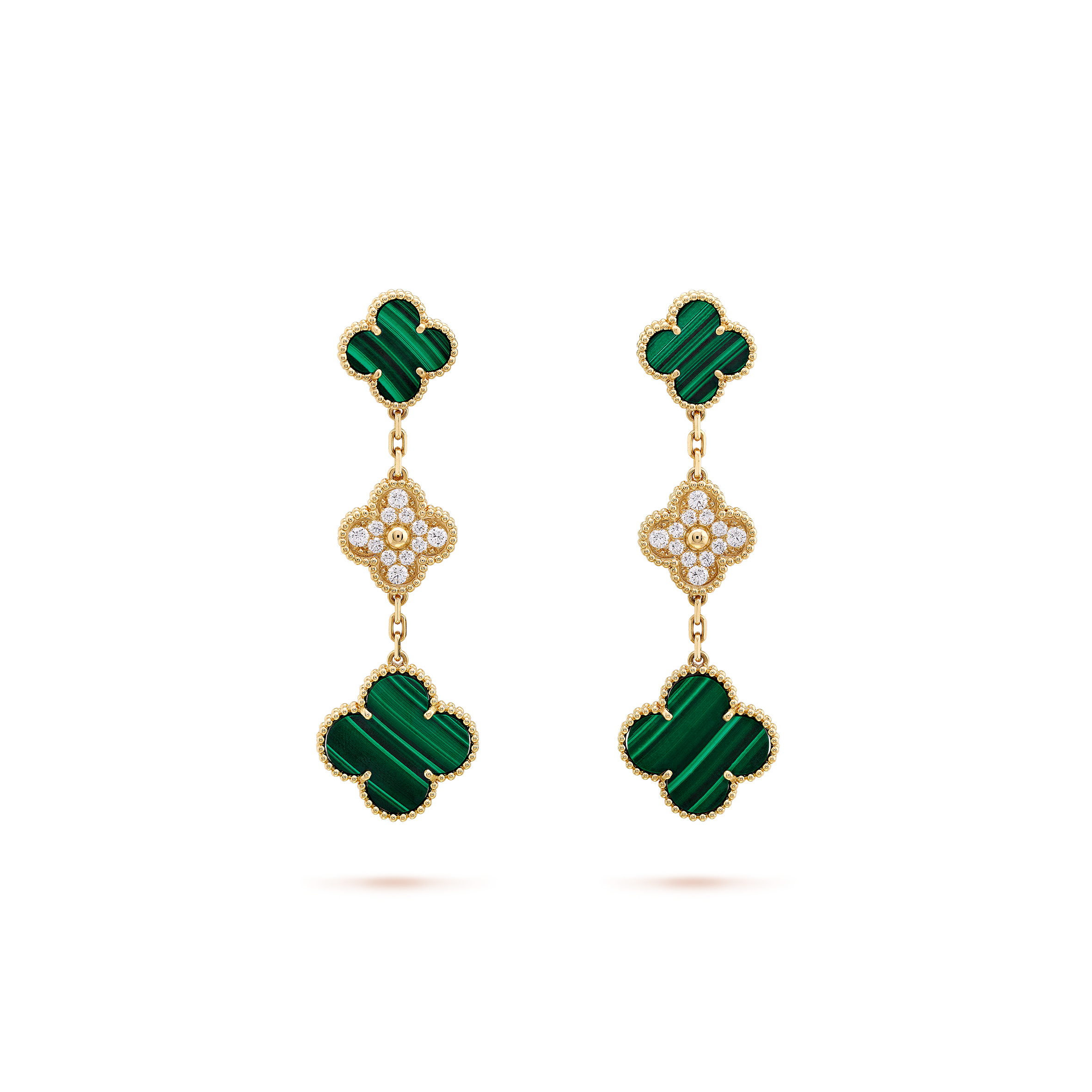 van cleef  arpels magic alhambra earrings, 3 motifs - yellow gold, Di*m*nd, malachite  vcaro9ii00