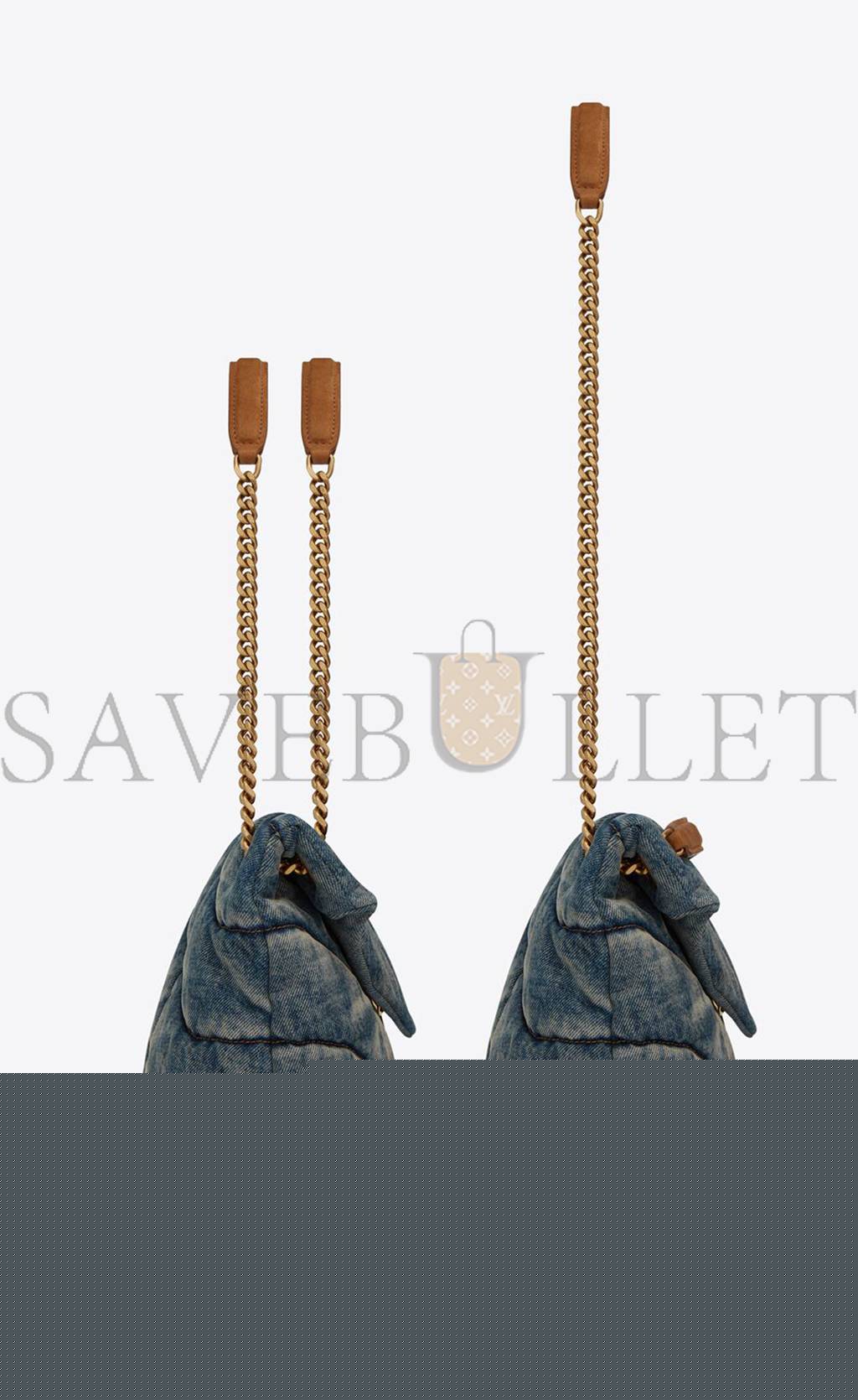 YSL PUFFER MEDIUM CHAIN BAG IN QUILTED VINTAGE DENIM AND SUEDE 5774752PT674575 (35*23*13.5cm)