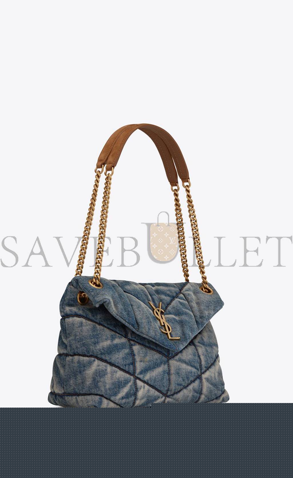 YSL PUFFER MEDIUM CHAIN BAG IN QUILTED VINTAGE DENIM AND SUEDE 5774752PT674575 (35*23*13.5cm)