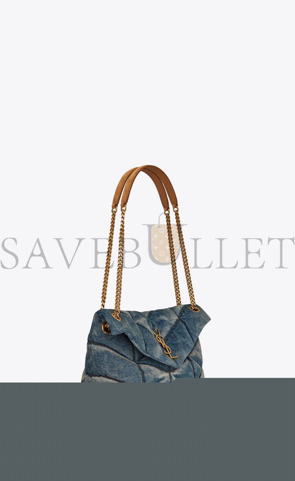 YSL PUFFER SMALL CHAIN BAG IN QUILTED VINTAGE DENIM AND SUEDE 5774762PT674575 (29*17*11cm)